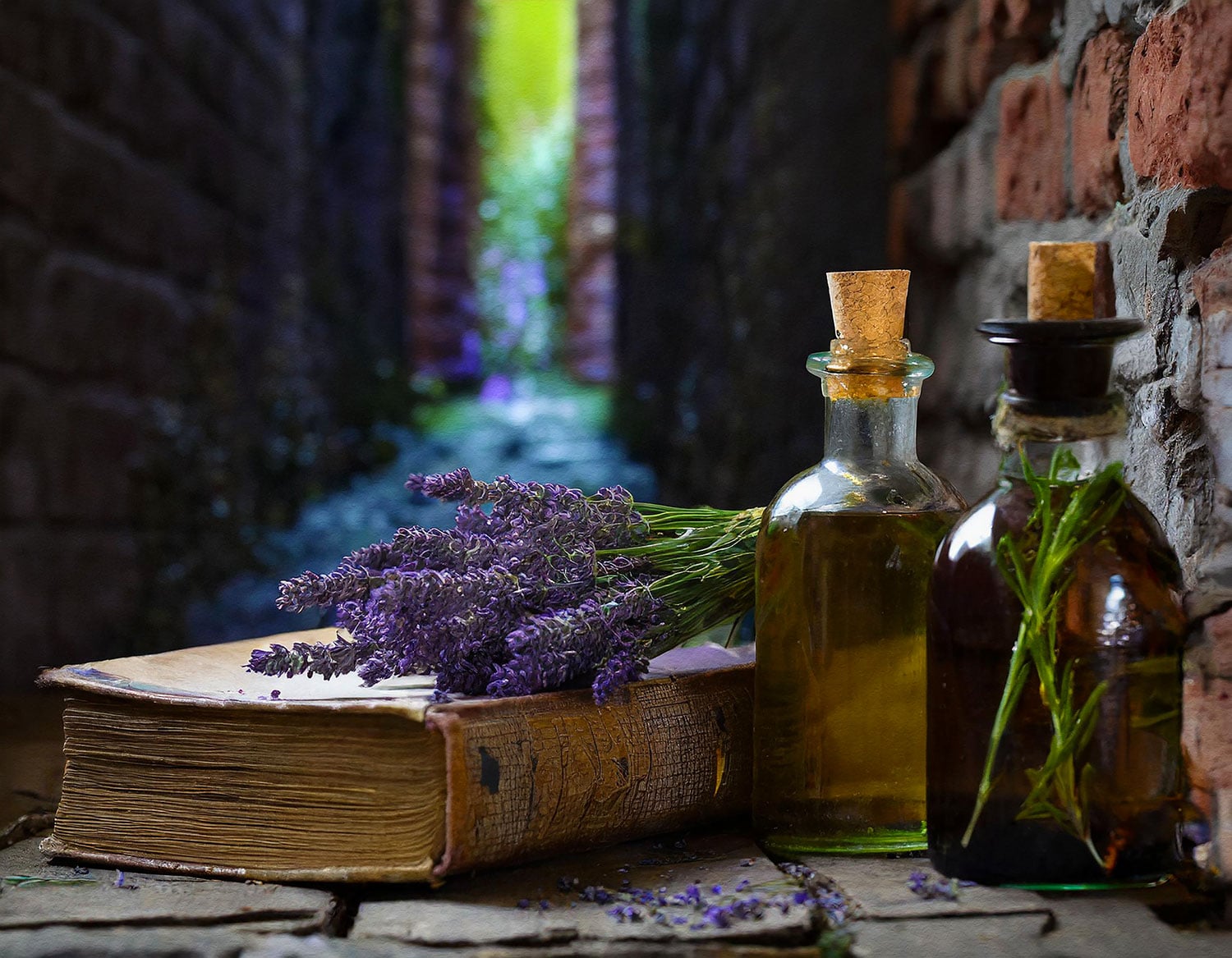 Essential oil bottles with lavender and botanical ingredients
